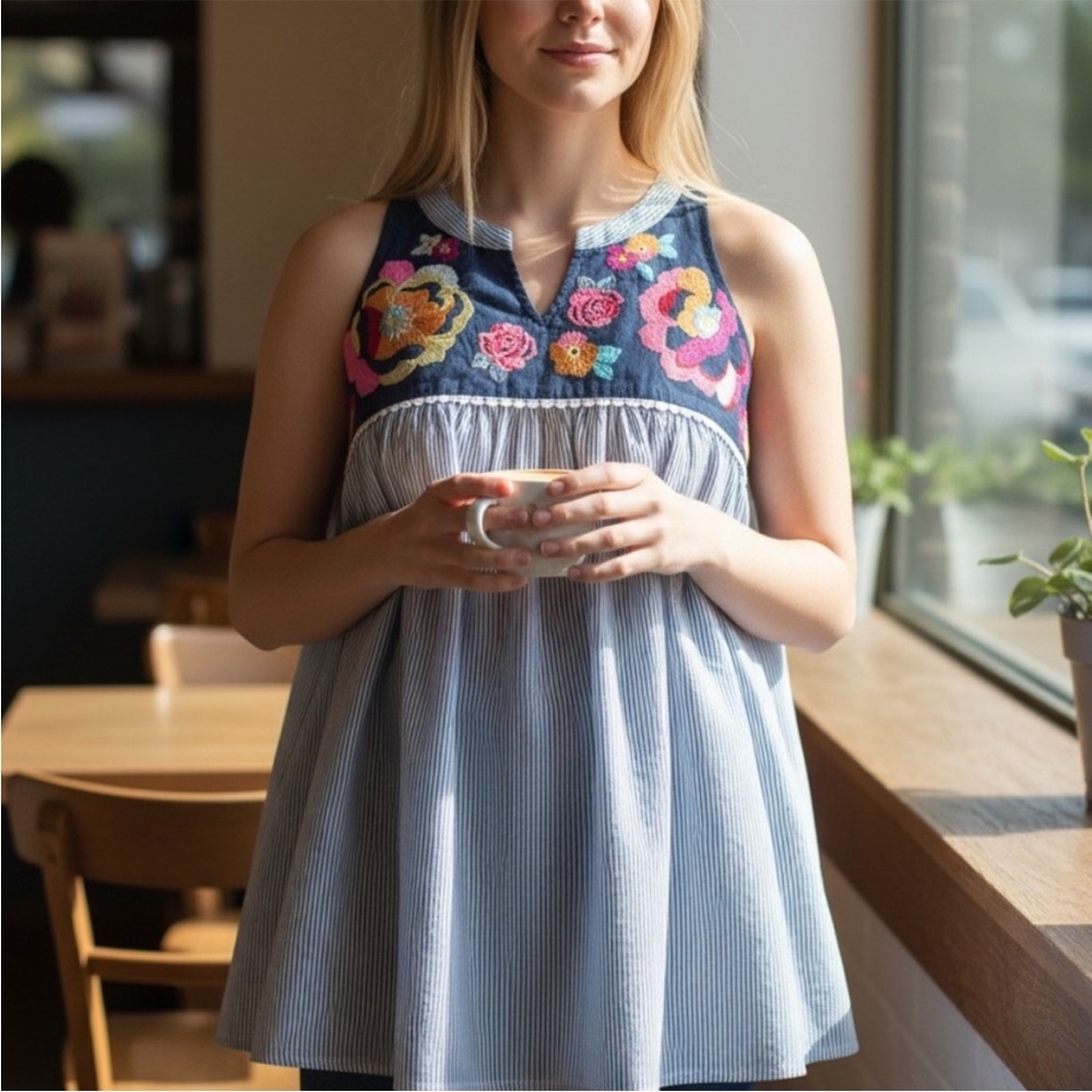 SAVANNA JANE Embroidered Floral Seersucker Pinstripe Boho Babydoll Top Size 3X